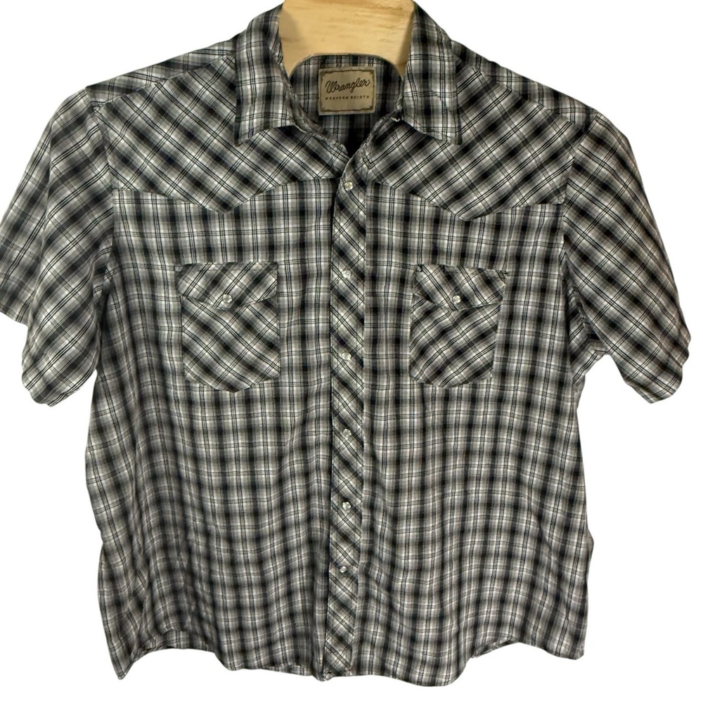 Wrangler Western Cowboy Men 2XL Shirt Black/White Plaid Pearl Snap Short Sleeve - Picture 2 of 8